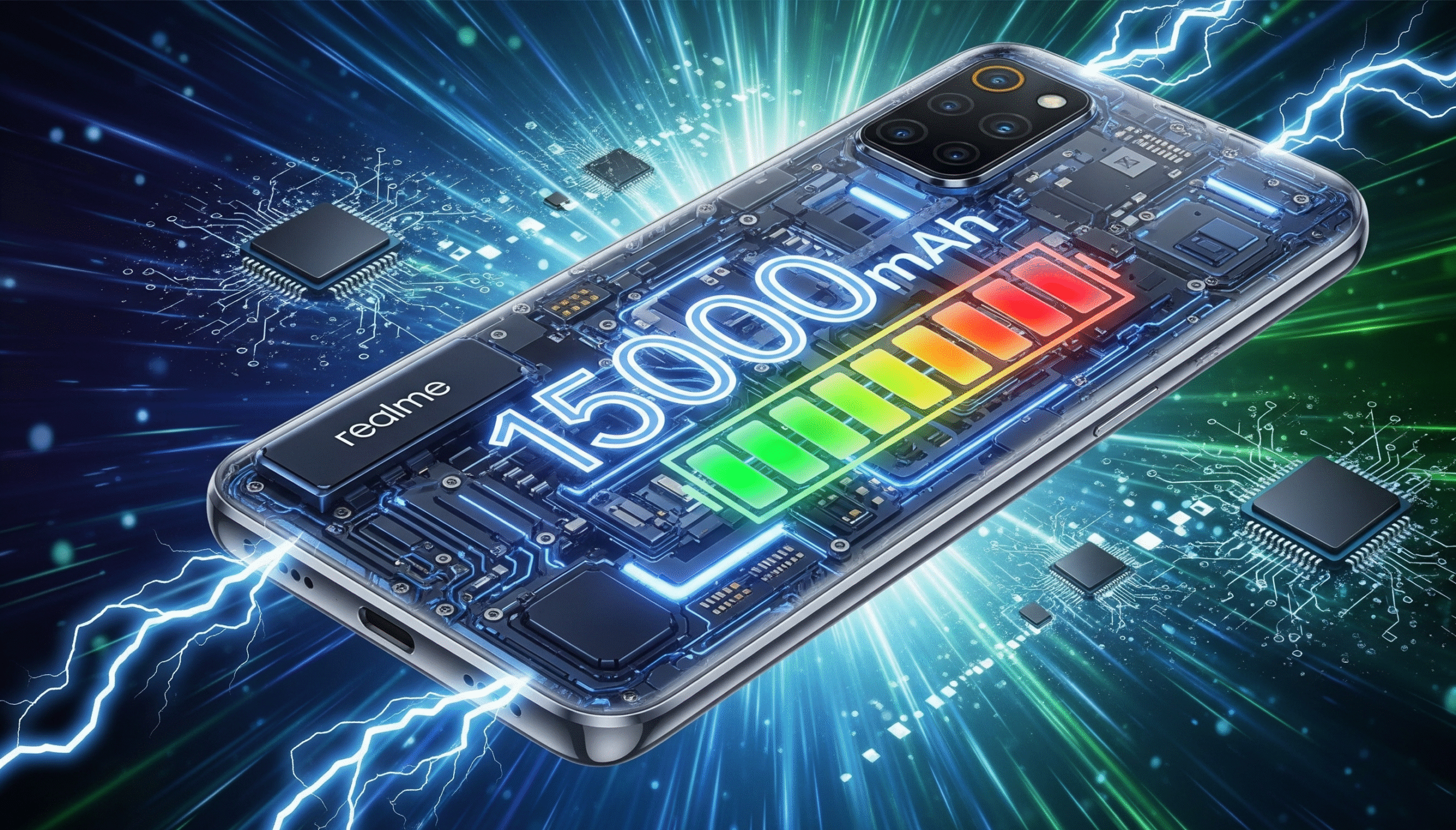 Realme showcases its 15,000mAh innovation with a colorful smartphone design, glowing battery icon, and futuristic charging effects highlighting power and long-lasting performance.