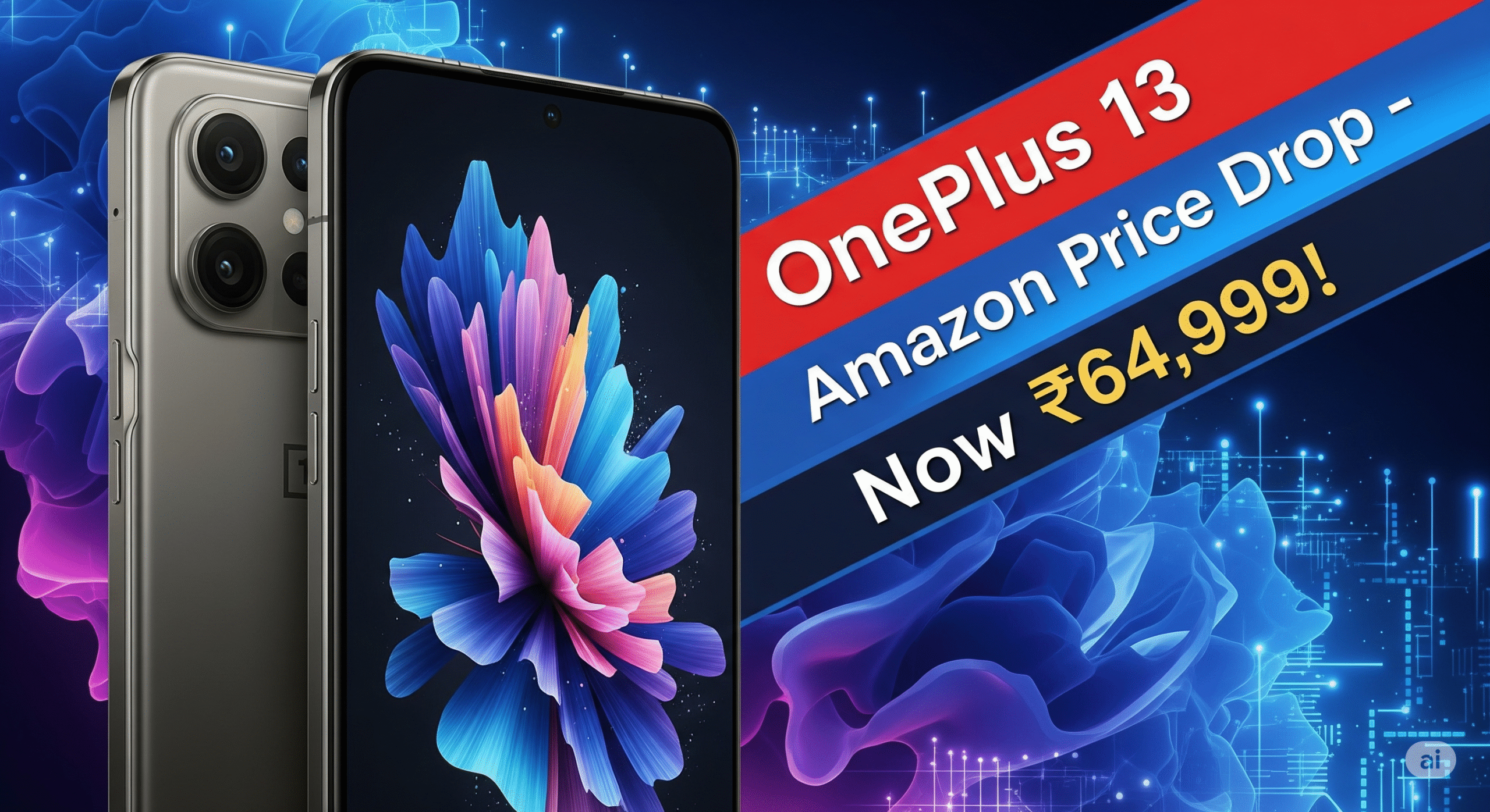 OnePlus 13 price drop amazon smartphone promotional image showcasing price drop on Amazon to ₹64,999 with colorful 16:9 banner design highlighting the phone’s display and camera."