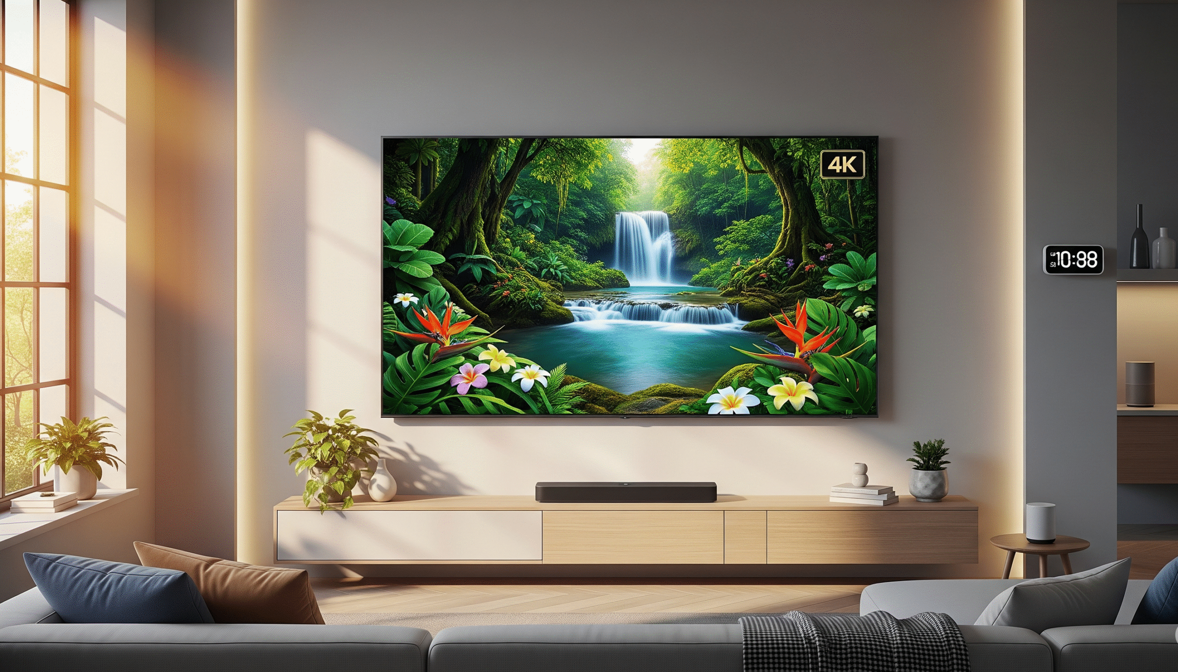 Samsung Crystal 4K Vivid Pro Smart TV in a modern living room, displaying a vibrant 4K nature scene on its bezel-less screen, surrounded by minimalist furniture and ambient lighting.