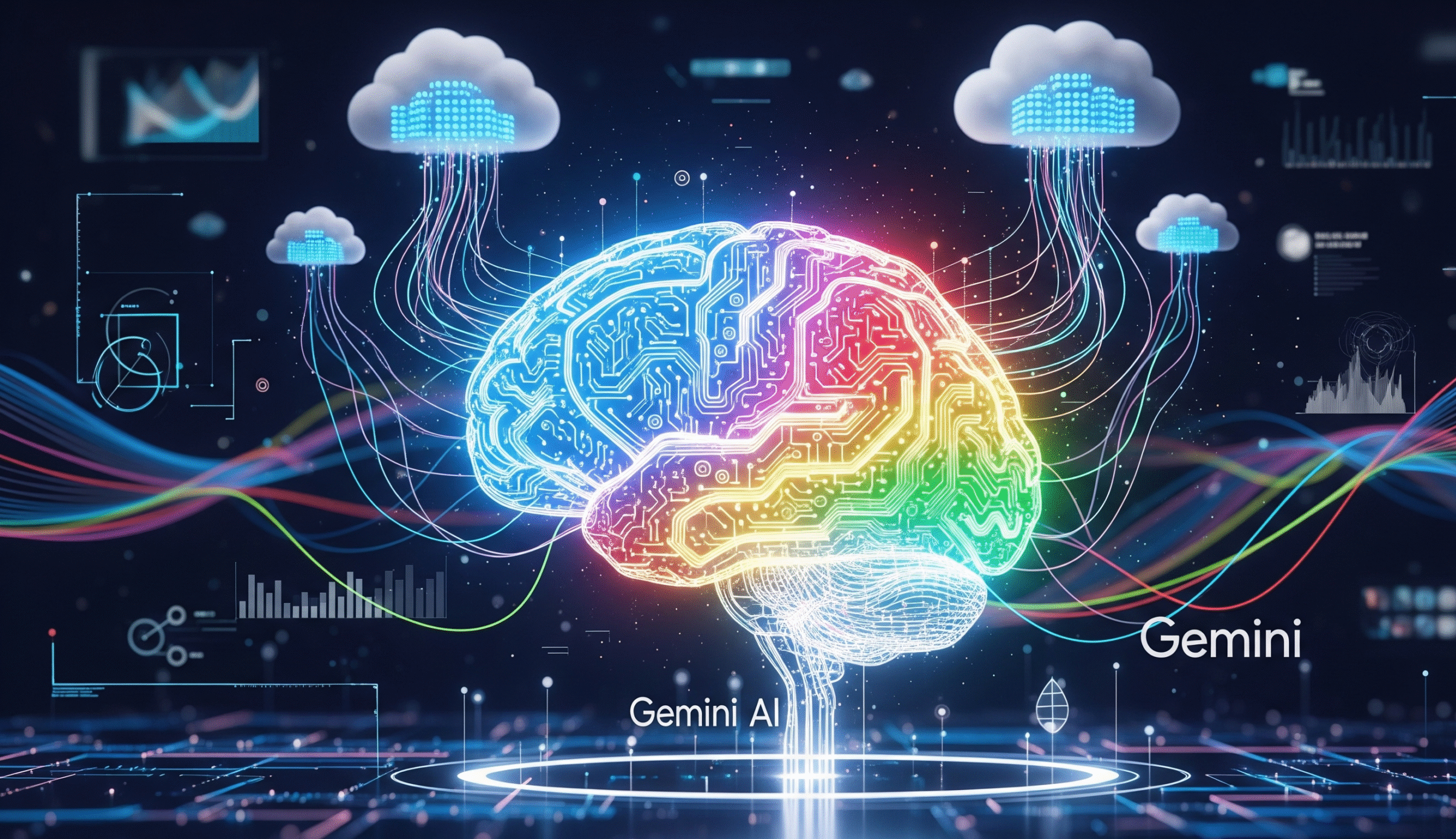 Futuristic digital illustration of Google Gemini AI with glowing neural networks, cloud connections, and Google brand colors symbolizing advanced artificial intelligence.