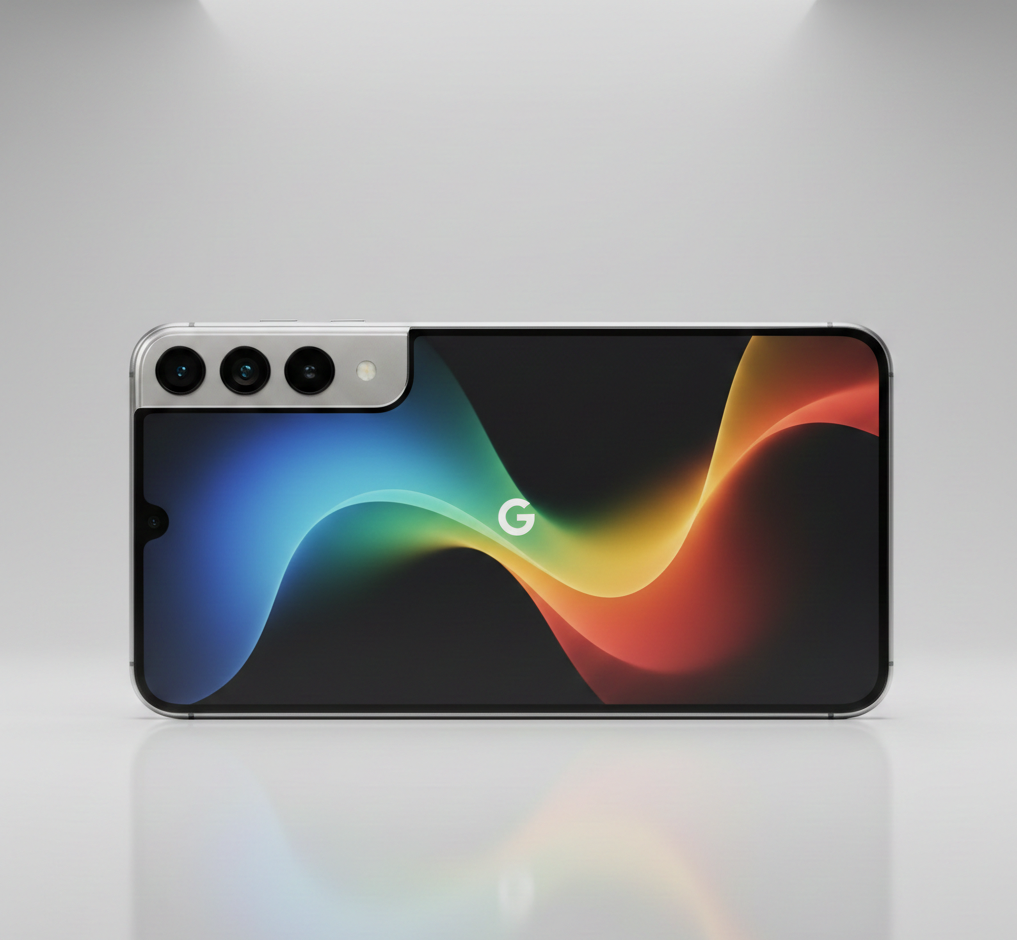 Premium Google flagship smartphone with a sleek matte finish, aluminum frame, horizontal camera bar, and vibrant OLED display shown in a clean studio setting.