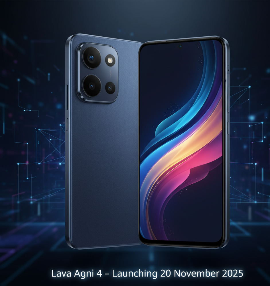 Lava Agni 4 smartphone with premium metal body, dual rear cameras, and AMOLED display – upcoming made-in-India mobile launching on 20 November 2025.