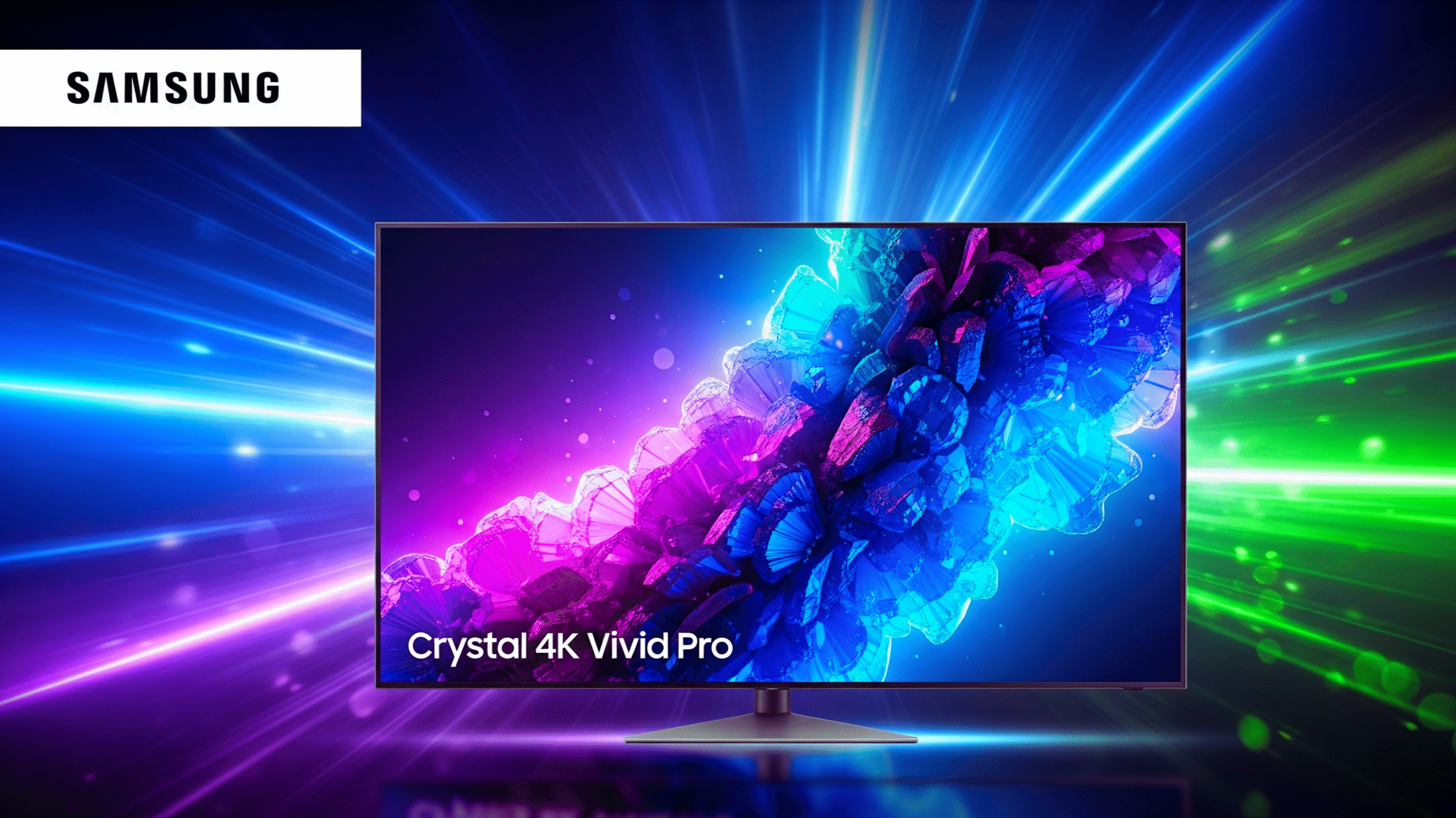Samsung Crystal 4K Vivid Pro Smart TV in a modern living room, displaying a vibrant 4K nature scene on its bezel-less screen, surrounded by minimalist furniture and ambient lighting.