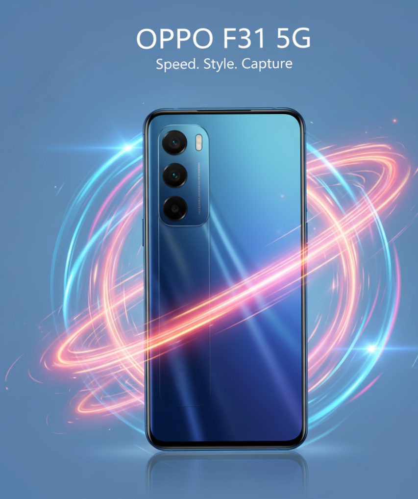 Oppo F31 5G smartphone featuring sleek design, large display, and advanced camera setup.
